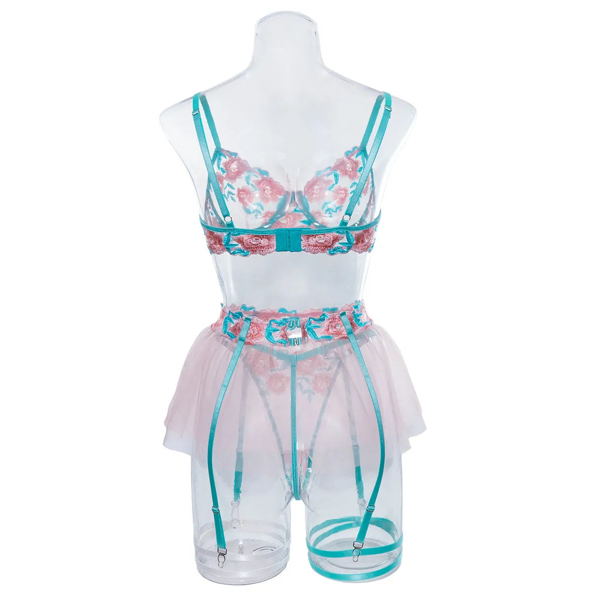 Pink women's mesh pettiskirt and bikini set with embroidery detail.