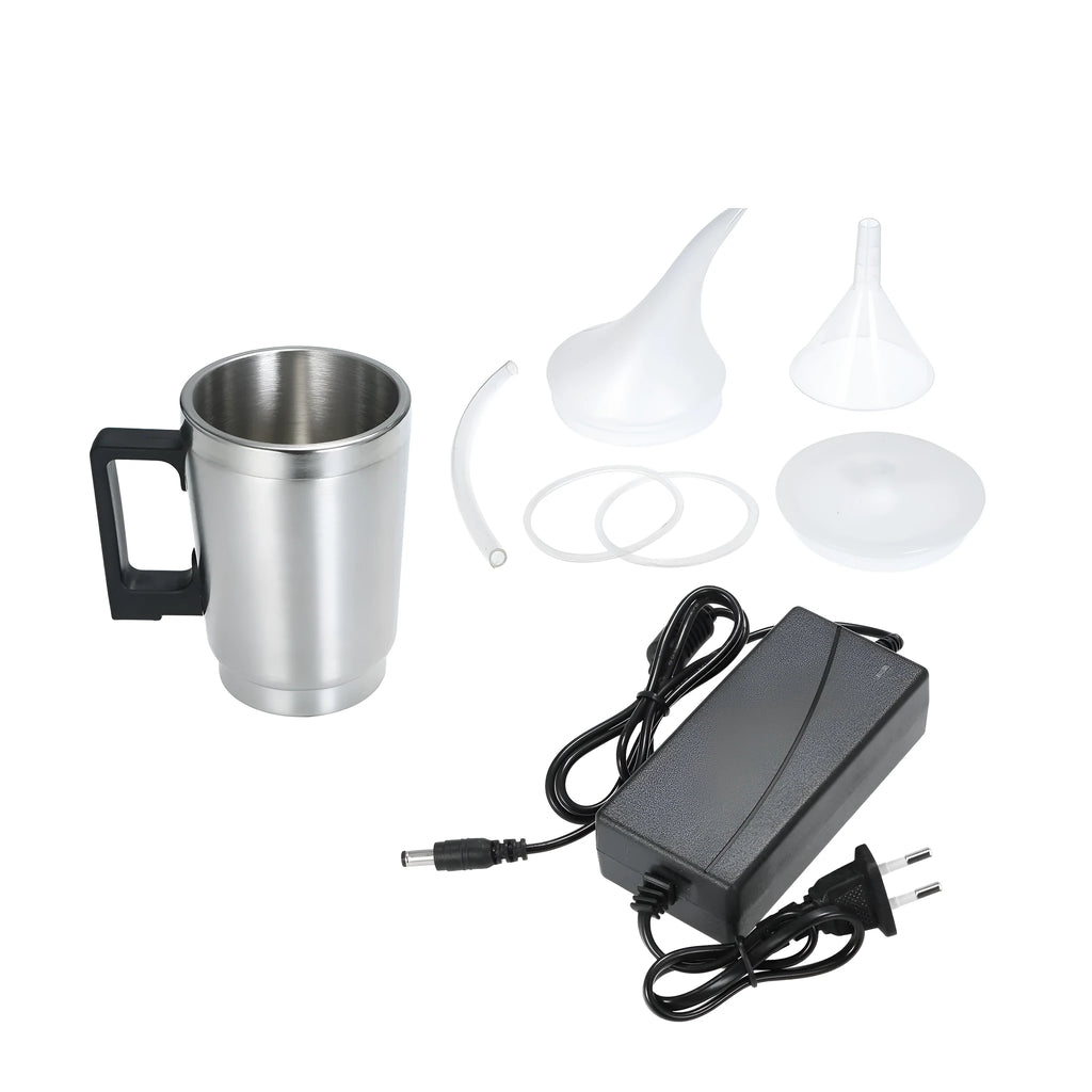 Automotive headlamp restoration kit showing stainless steel cups, elbow cover, funnel, and EU/GB power adapters.