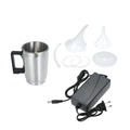 Automotive headlamp restoration kit showing stainless steel cups, elbow cover, funnel, and EU/GB power adapters.