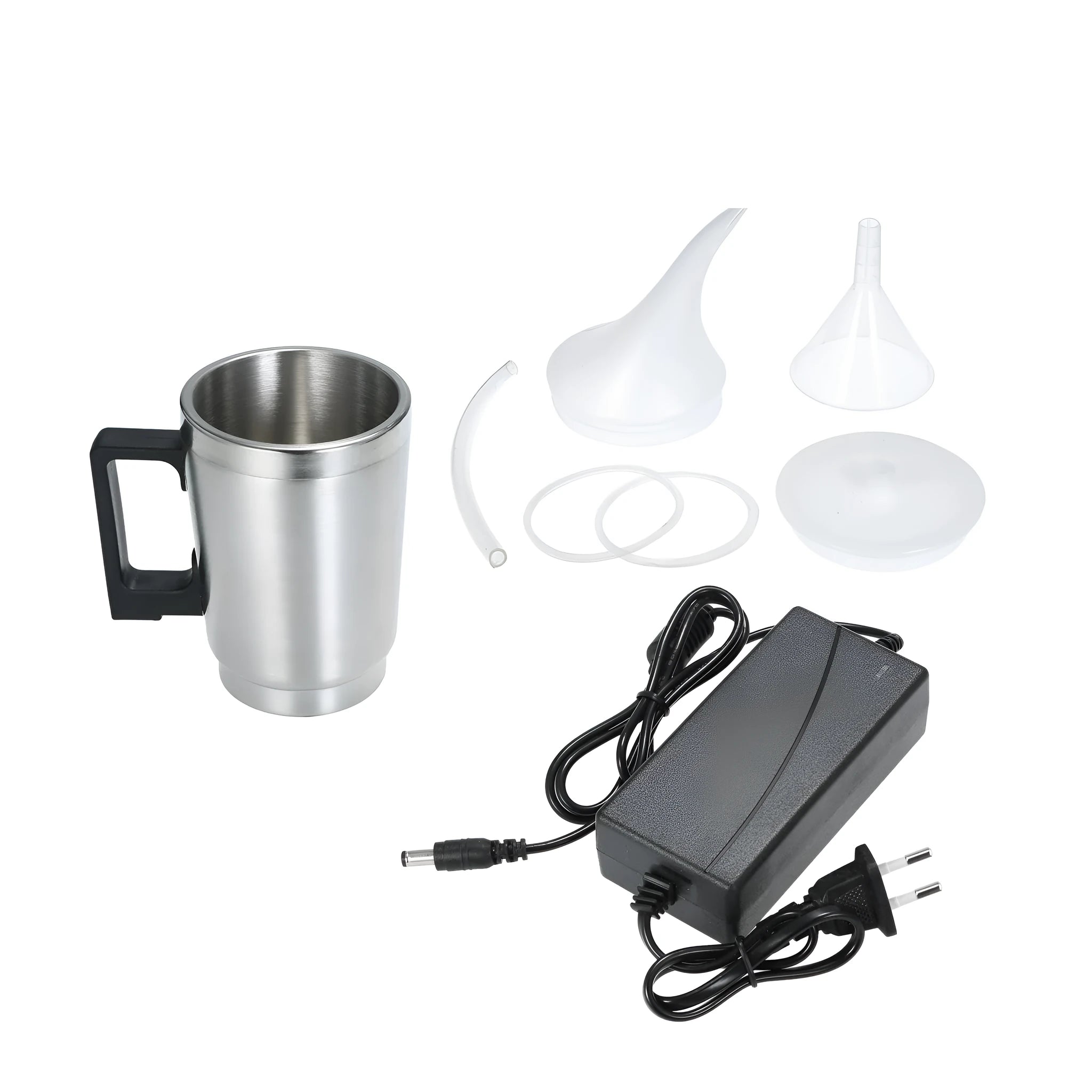 Automotive headlamp restoration kit showing stainless steel cups, elbow cover, funnel, and EU/GB power adapters.