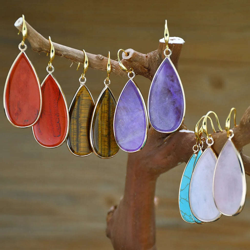 Vintage long water drop stone earrings in tigereye colour with retro styling