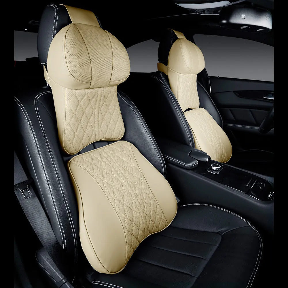 Car neck pillow and lumbar support pillow set with wavy pattern embroidery in beige colour.