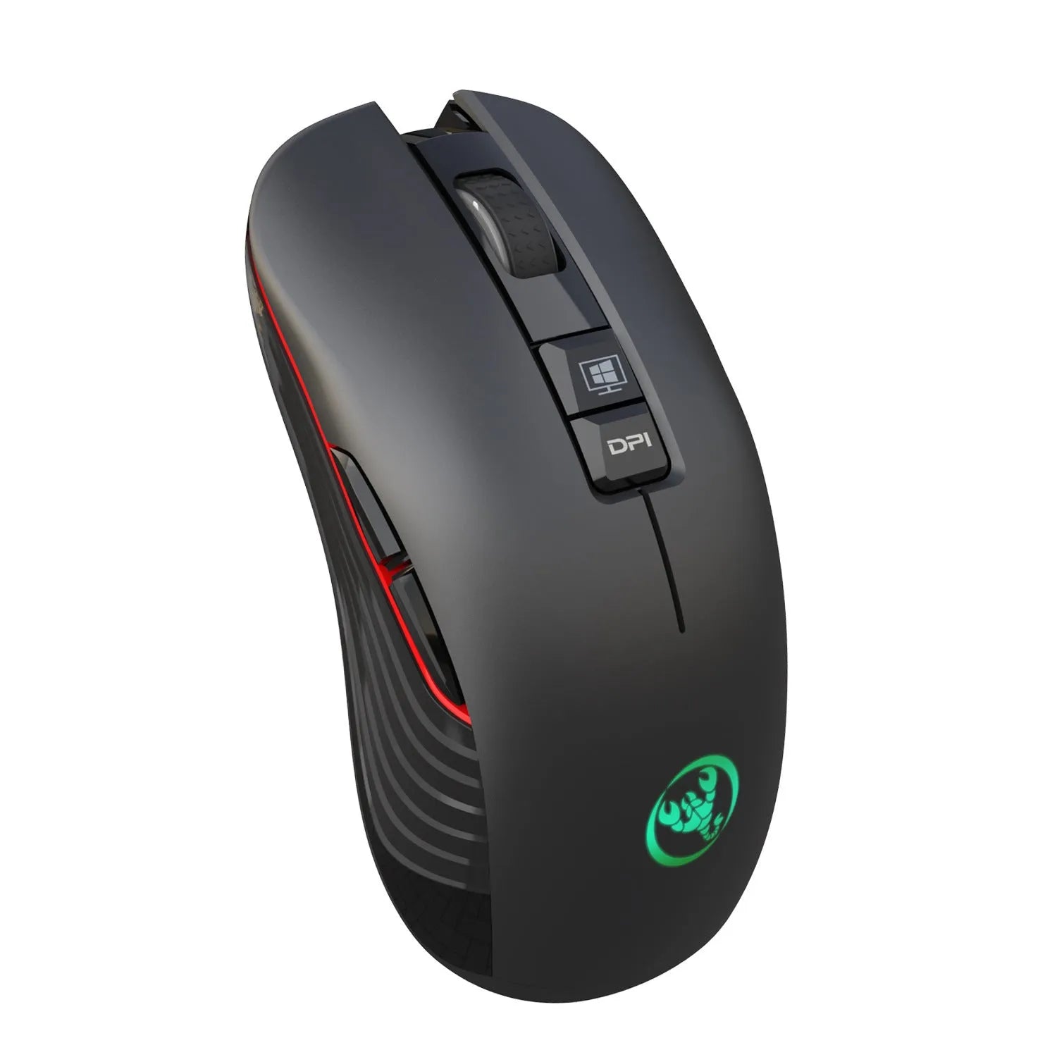 Black wireless gaming mouse with colourful breathing lights showing adjustable DPI settings and ergonomic design