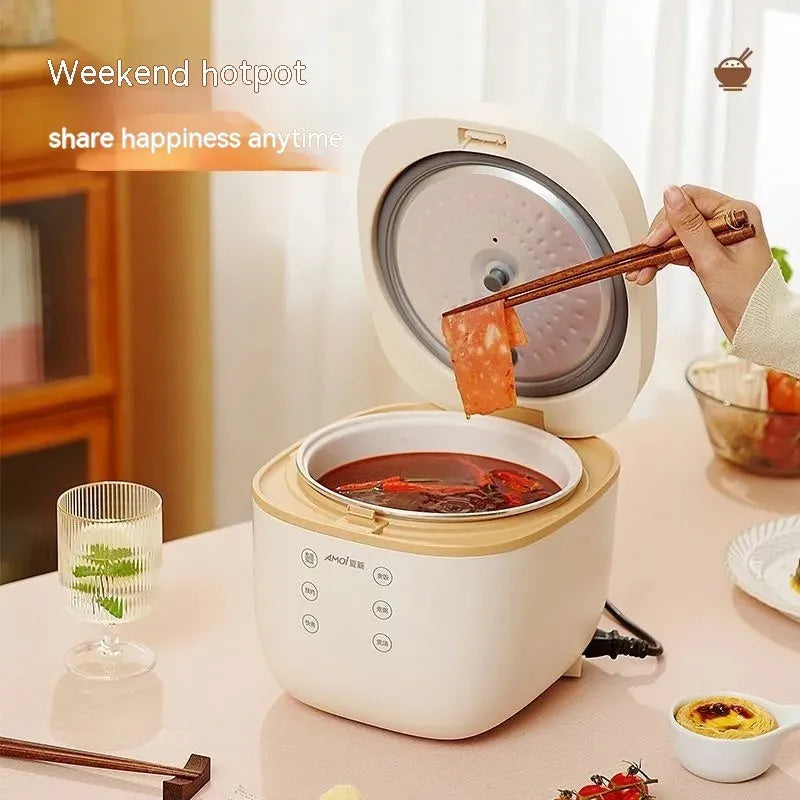 White beige intelligent multi-function rice cooker with black inner pot and accessories