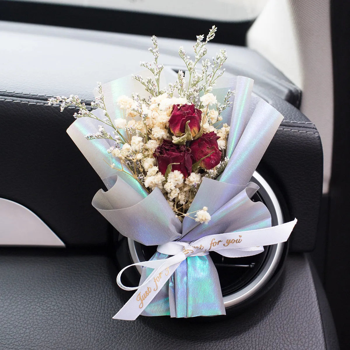 Handmade dried flower bouquet car vent air freshener clip in assorted colours.