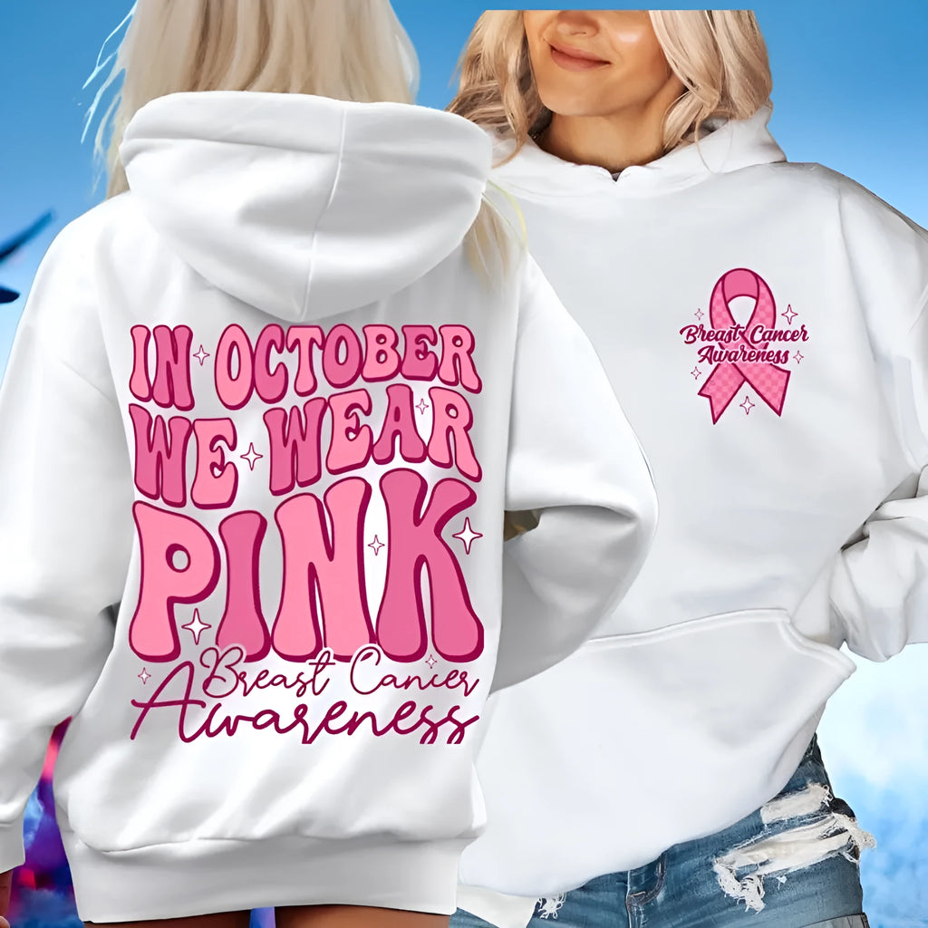 Breast Cancer Awareness pullover hoodie with retro print and side seam pockets in pink.