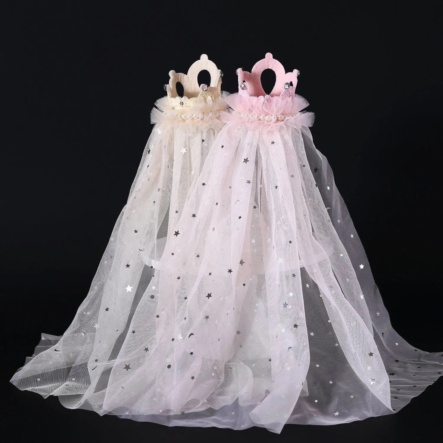 Pet princess crown headdress accessory with a veil in beige or pink colour options