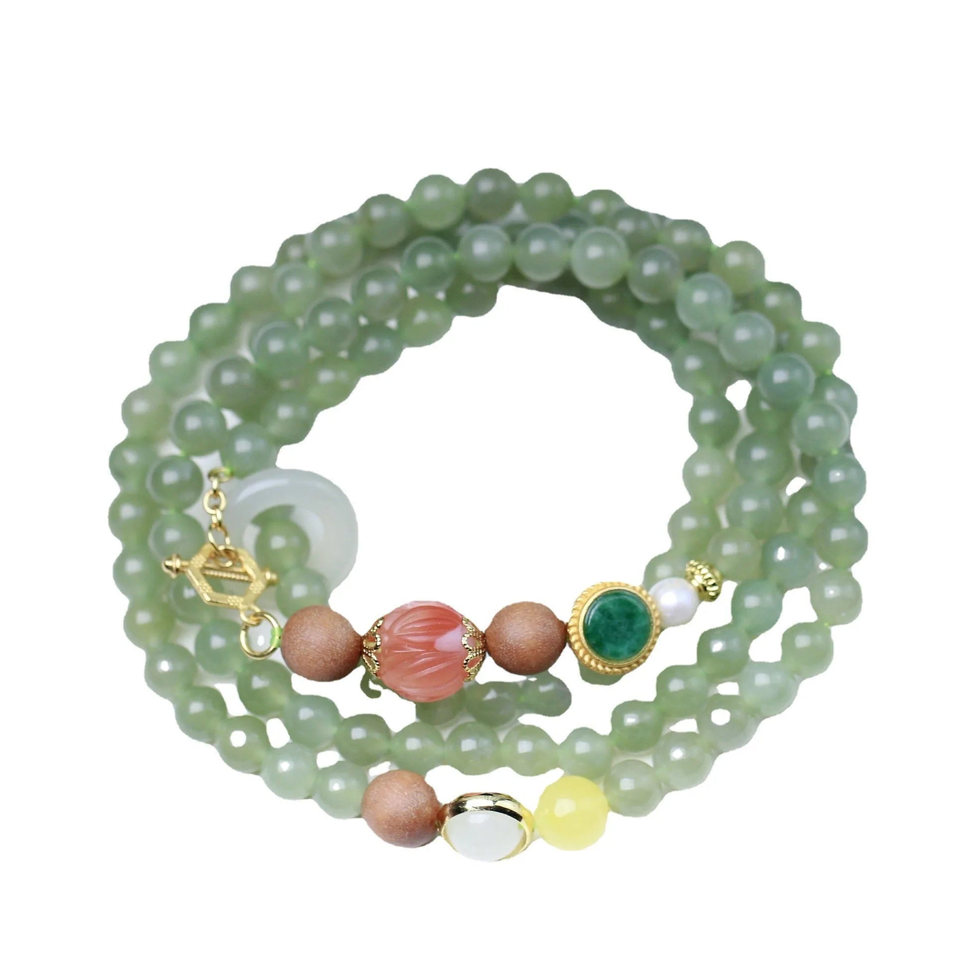 Hetian jade necklace with red lotus beads, white sandalwood, and beeswax, featuring a fu charm and zodiac animal design.