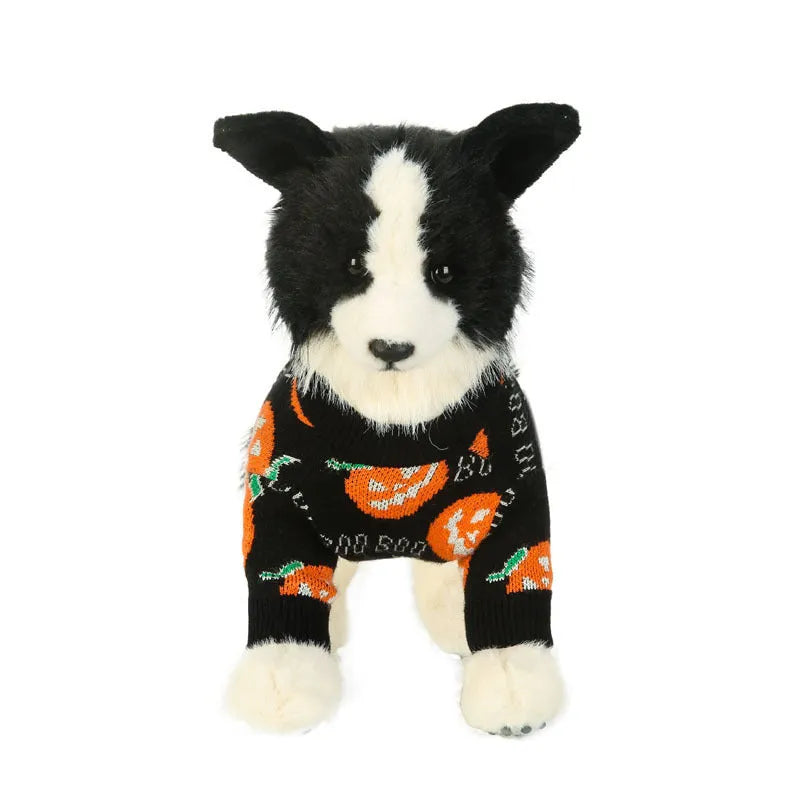 Black Halloween dog sweater with orange pumpkin pattern, showing Velcro strap closure at back