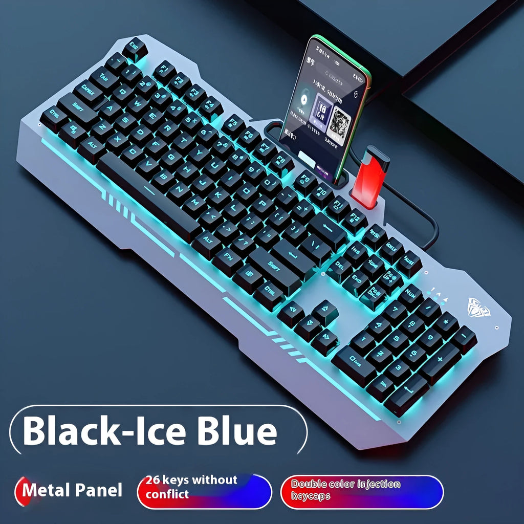 Mechanical keyboard mouse headset bundle with metal construction and LED lighting