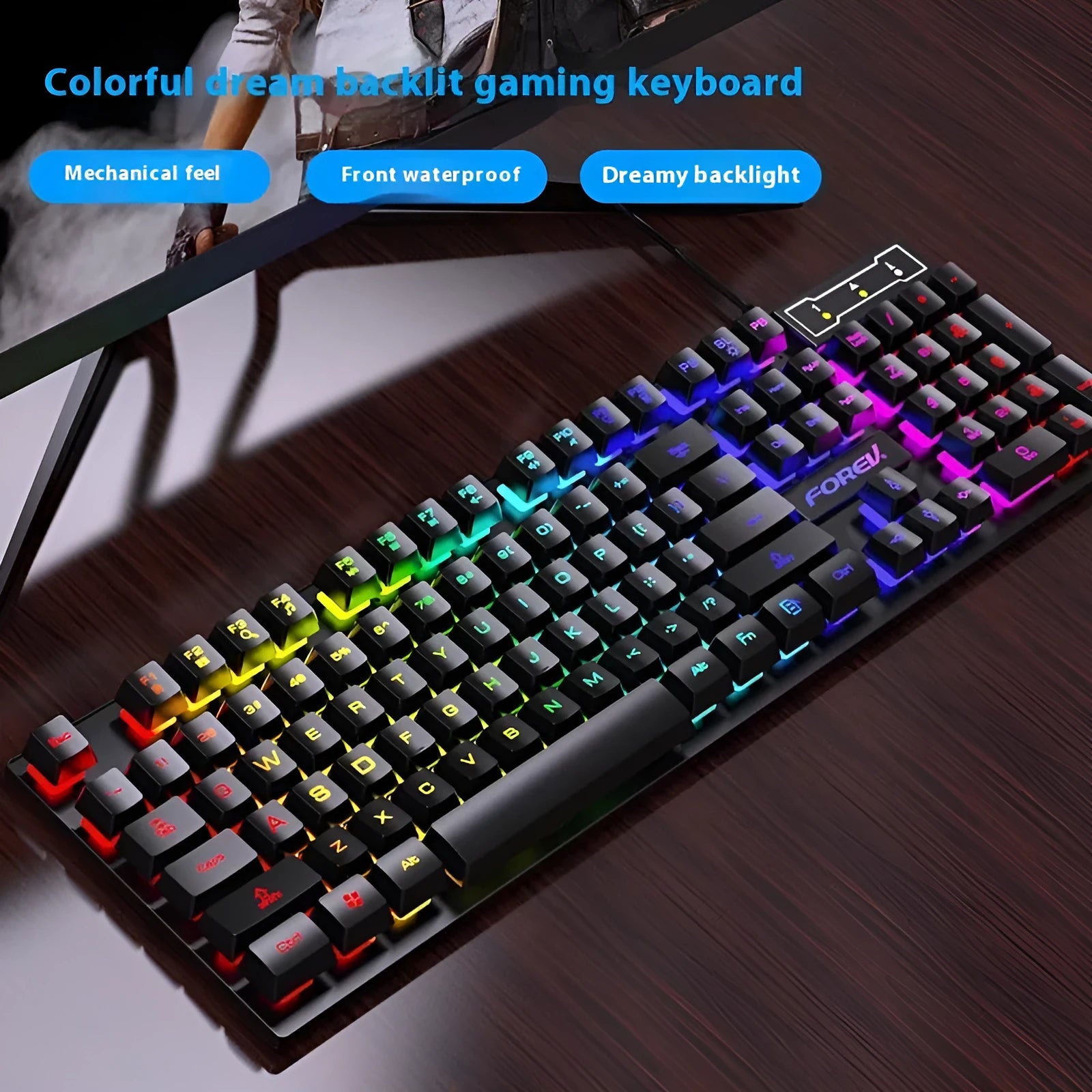 Black portable backlit gaming keyboard and mouse combo with 104 keys and 1.5m cable