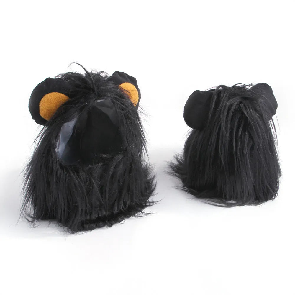 Black and white lion headgear wig hats for cats in three different sizes