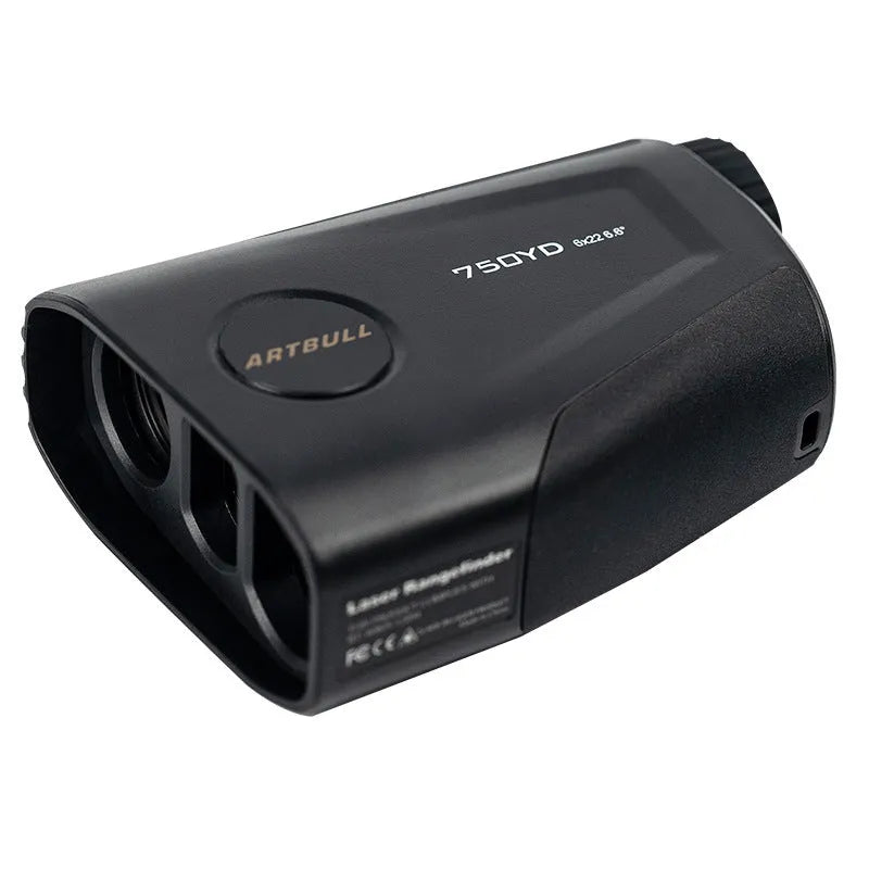 Black golf laser rangefinder with LCD display showing yardage, featuring a 20mm objective lens.