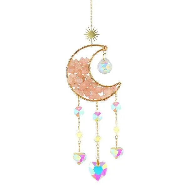 Car interior hanging pendant with large round crystal moon charm on a metal chain.