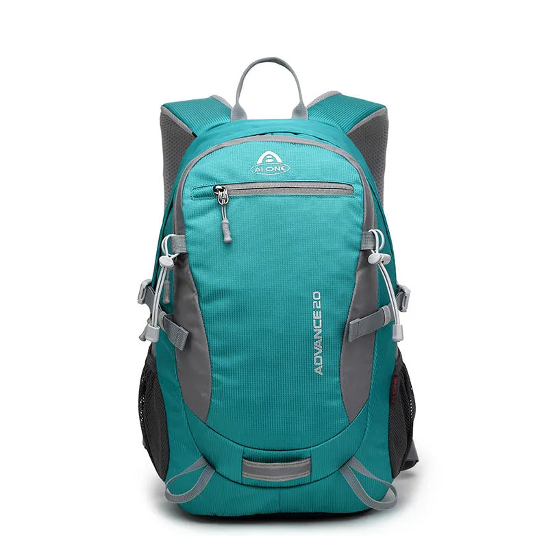 20-litre backpack shown in available colours: black, blue, green, orange, red, rose red, turquoise.