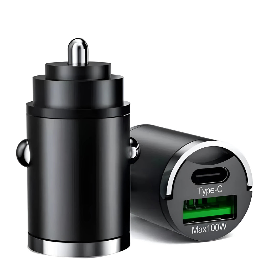 Black metal car charger with invisible pull-tab and USB port for 100W fast charging