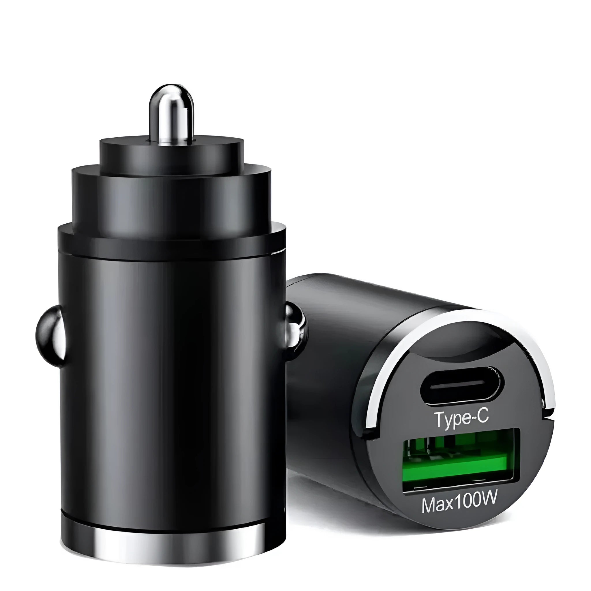 Black metal car charger with invisible pull-tab and USB port for 100W fast charging