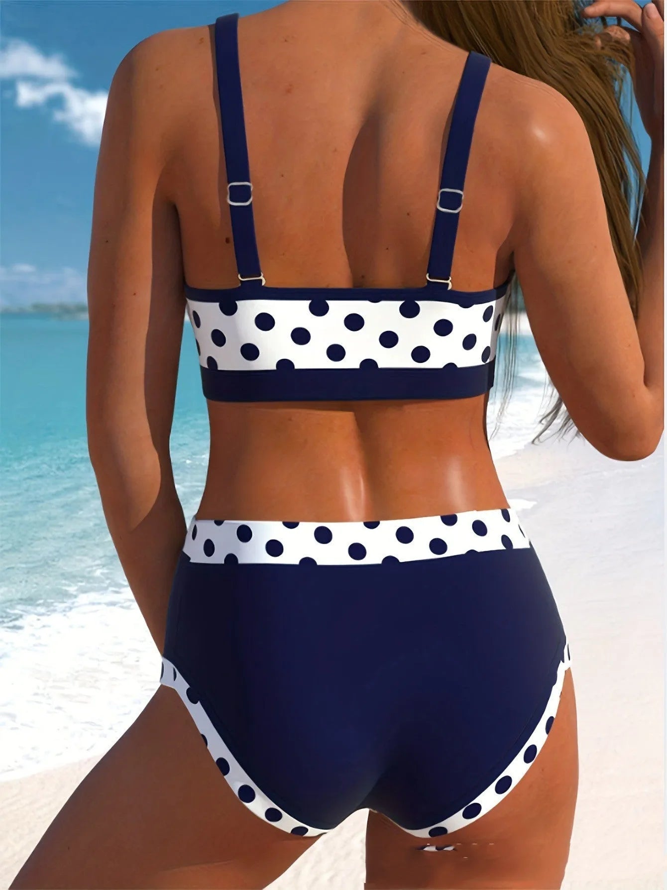 Multicolour wave dot pattern bikini swimsuit with conservative brief coverage