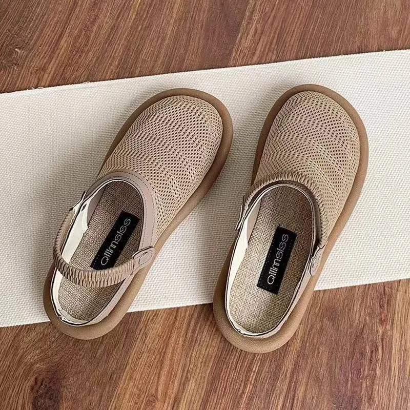 Linen slip-on hole shoes with mesh lining and rubber sole in milky white colour