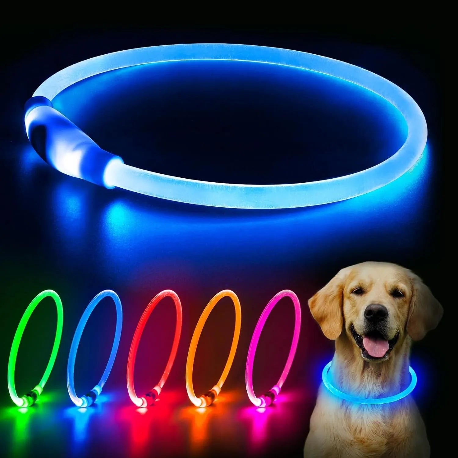 Blue USB rechargeable LED dog safety collar glowing with adjustable 70cm TPU band