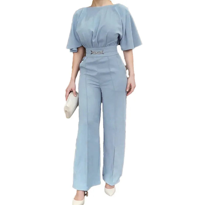 Men's blue two-piece polyester suit with long-sleeve jacket and trousers on hanger