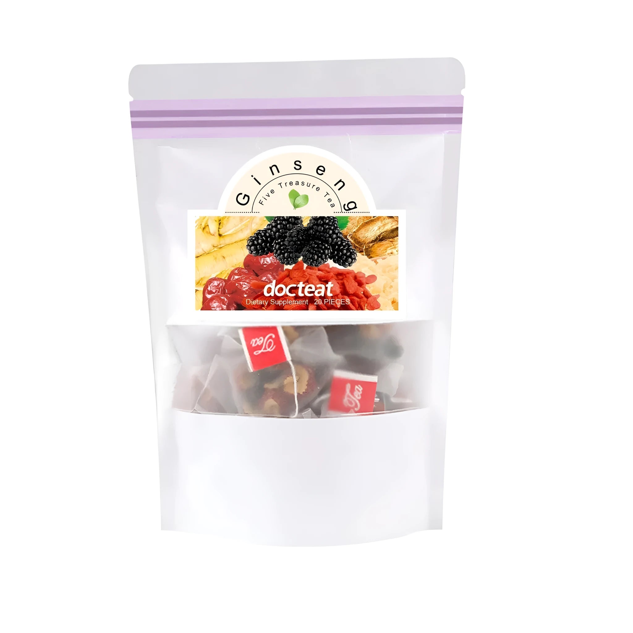 Box of Ginseng Five Treasure Tea showing twenty herbal tea bags with traditional ingredients