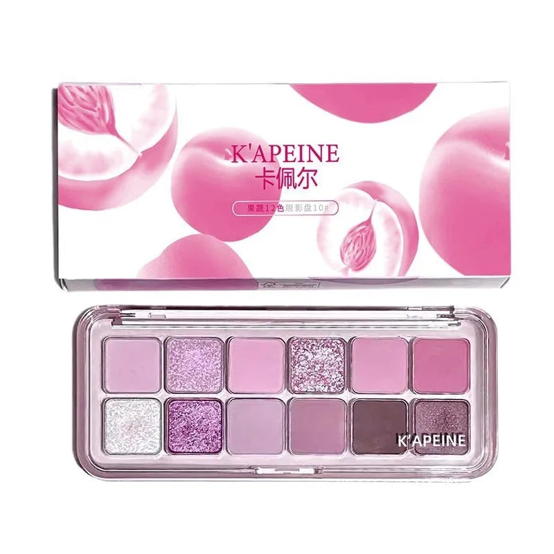 Makeup eyeshadow palette showing twelve different colours in compact case