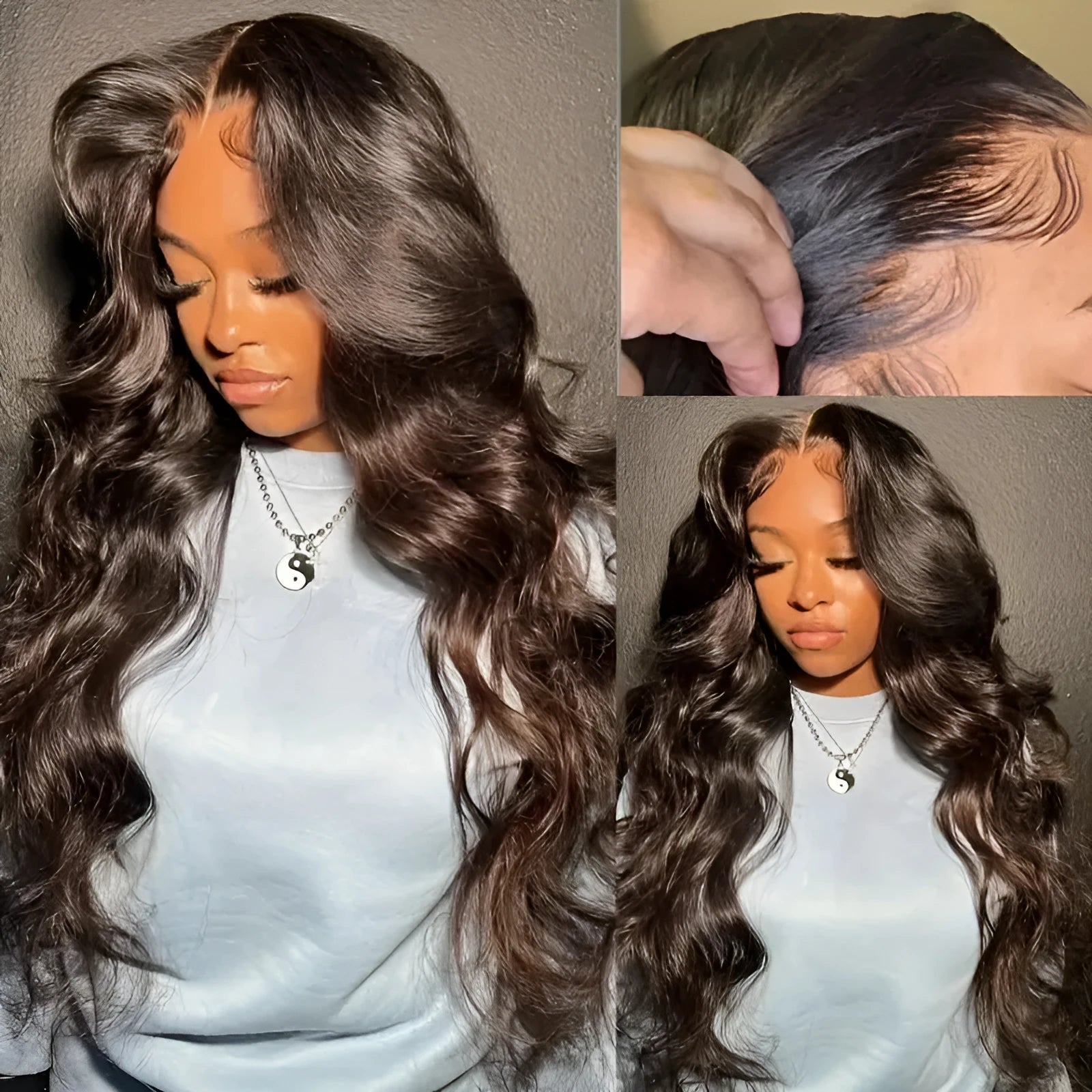 Front lace wig with long curly dark brown hair and side bangs in exotic European style