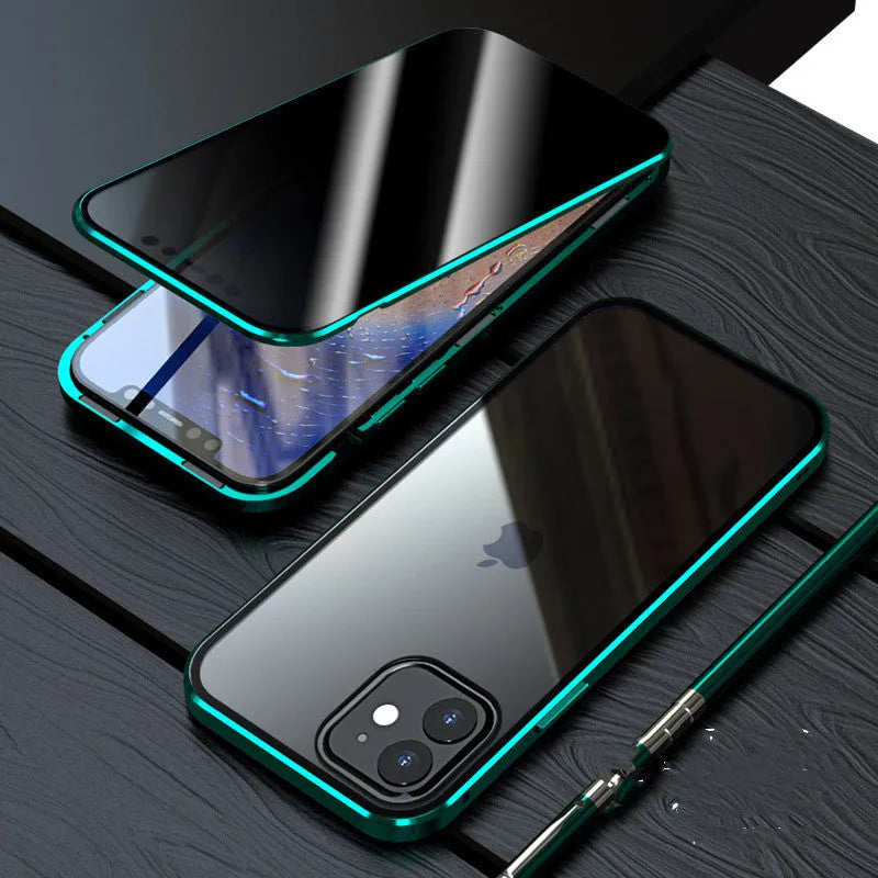 Magnetic privacy glass case for iPhone with anti-peep screen in black, blue, gold, red, silver colours