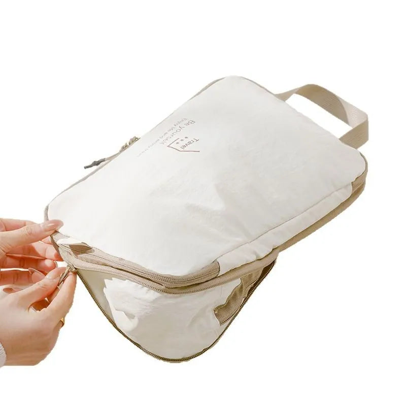 Taslon travel compression bag set with shoe bag, underwear bag and two compression bags in handbag shape