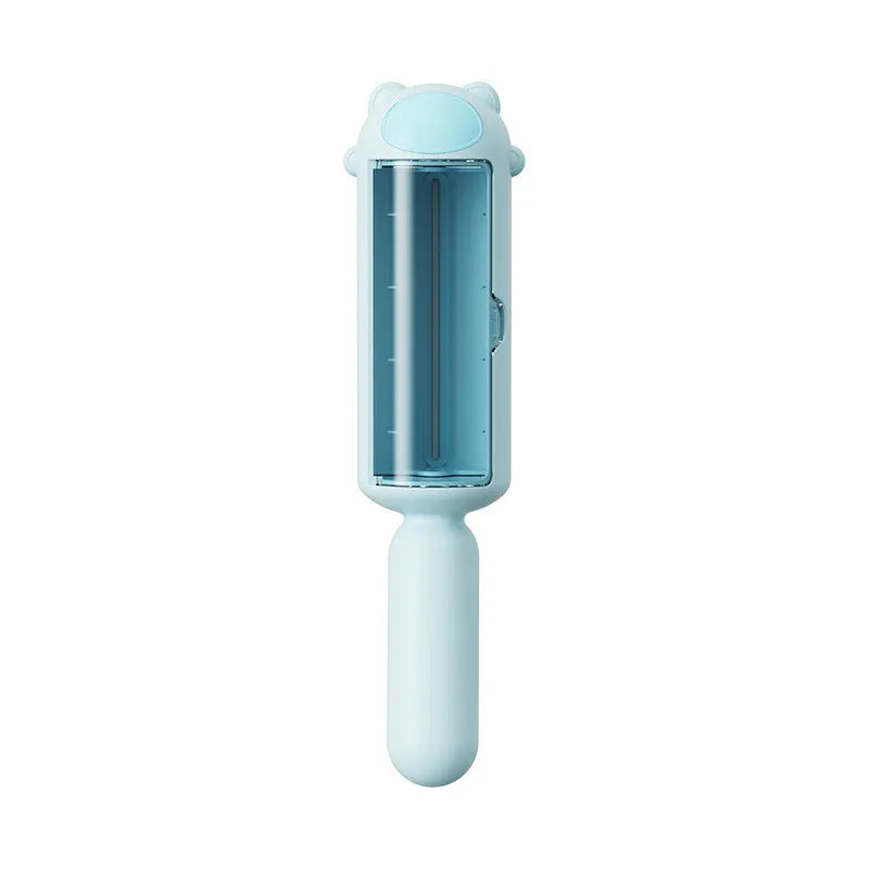 Blue reusable pet hair remover tool with self-cleaning base for furniture and car seats