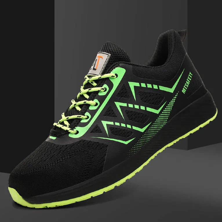 Black labour protection shoes with steel toe cap, front lace-up closure, and anti-penetration soles