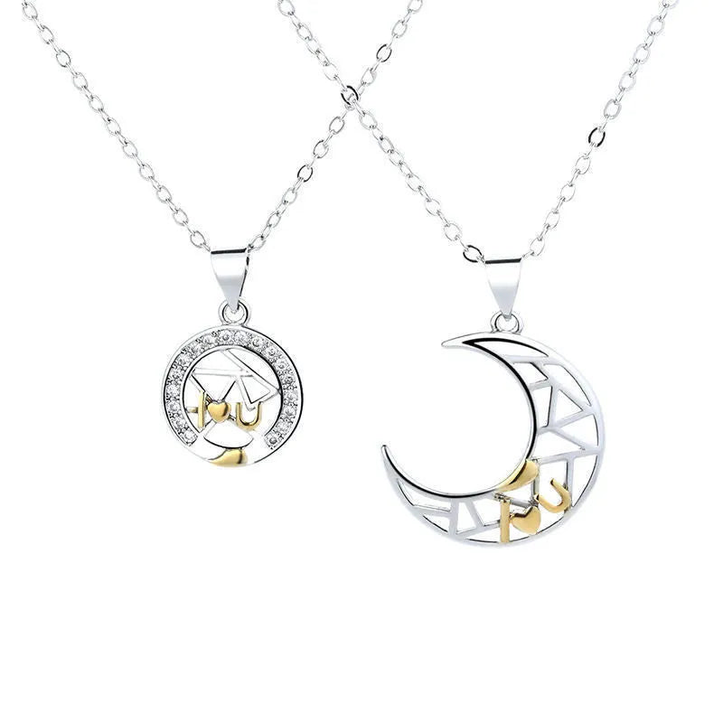 Sun moon couple necklace with copper pendant and cross chain in male and female colour variations