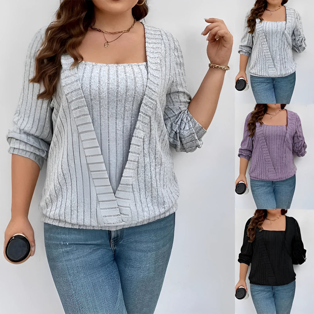 Women's solid colour ribbed false two-piece suit dress with V-neck and long sleeves.