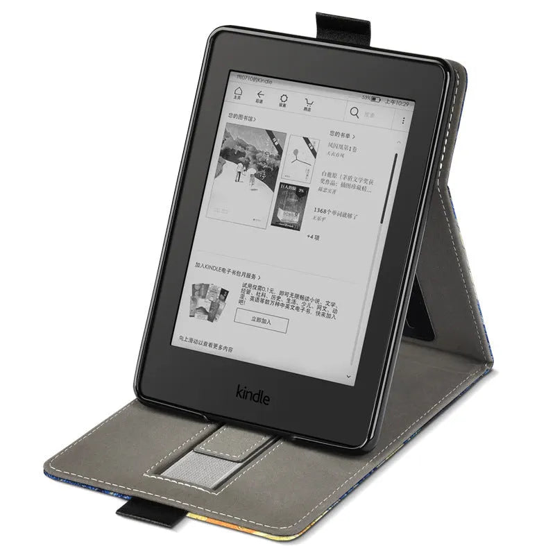 Kindle Paperwhite 6-inch protective case with integrated hand strap in a painted leather design.
