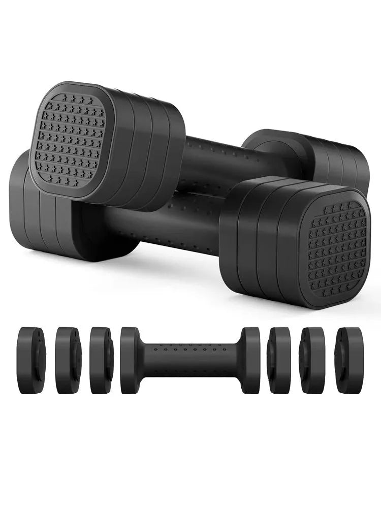 Set of pink ABS plastic dumbbells with slim-fit handles on a home gym mat.