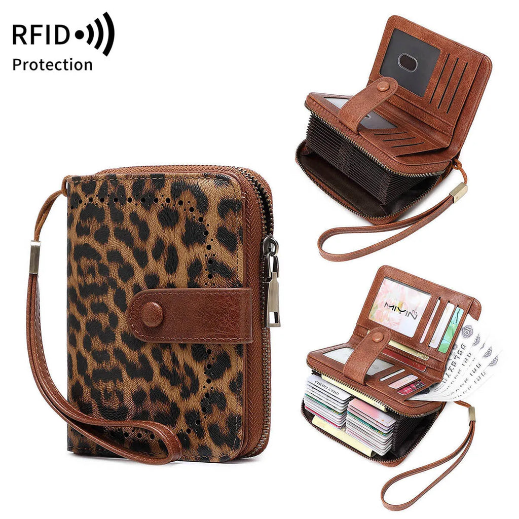 Leopard print retro wallet with zipper closure and contrast stitching, made from PU leather.