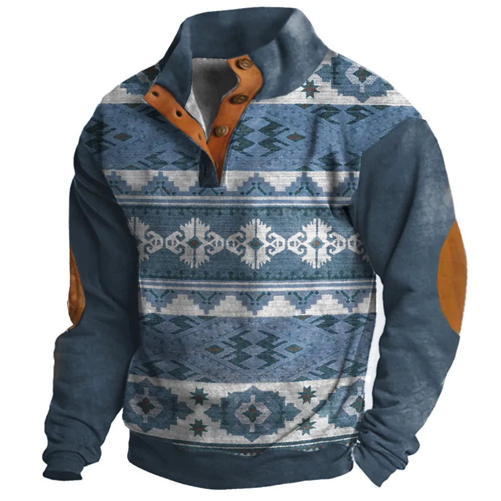3D digital printed loose sweater with four button front and long sleeves in polyester fabric