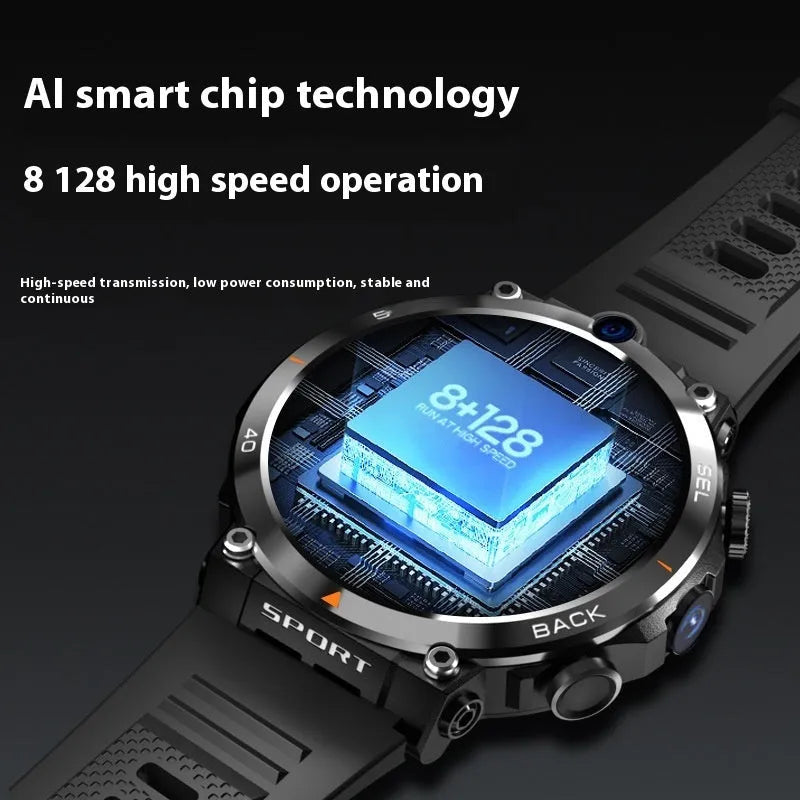 Sports smartwatch with dual cameras on a wrist, showing TFT touchscreen display.