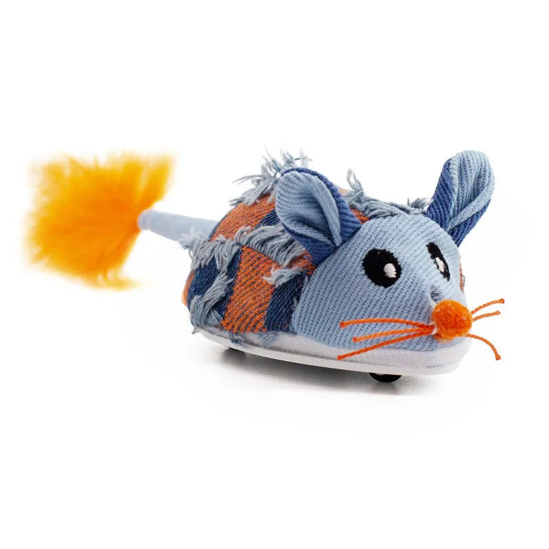 Electronic moving mouse cat toy with feather tail in blue or yellow colour options