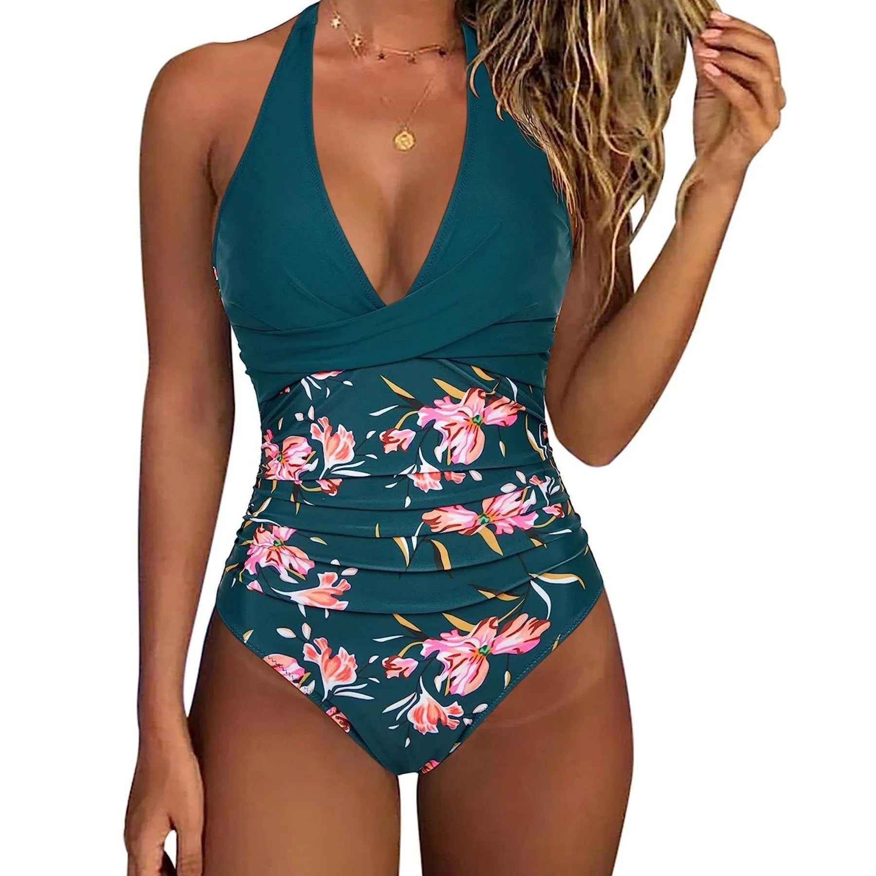 Women's printed one-piece bikini swimsuit with lace-up back in a floral pattern.