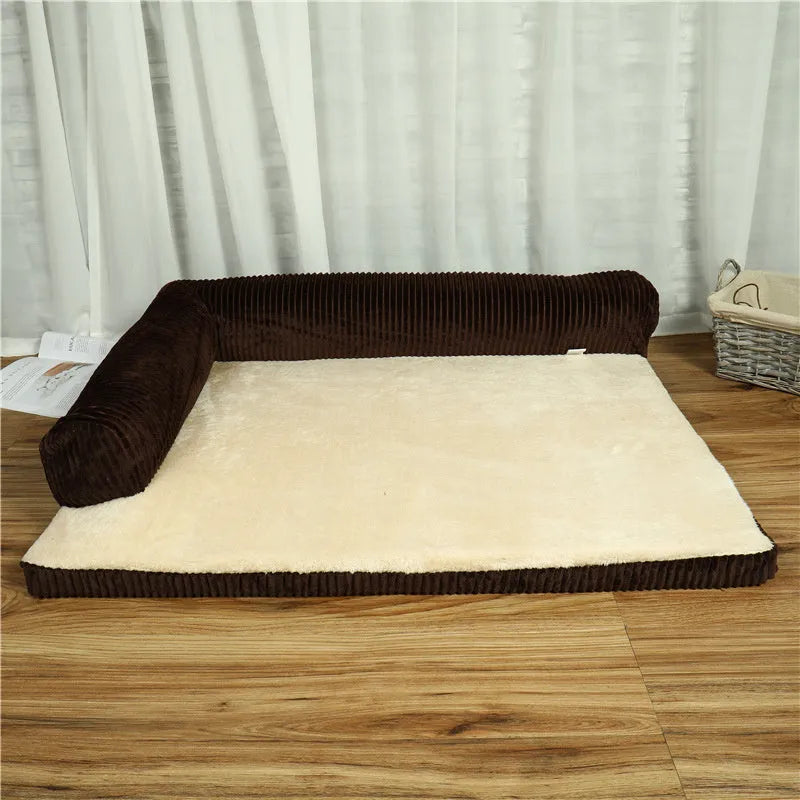 Corduroy bolster dog bed in grey with a removable cover, shown in a large (L) size on a hardwood floor.