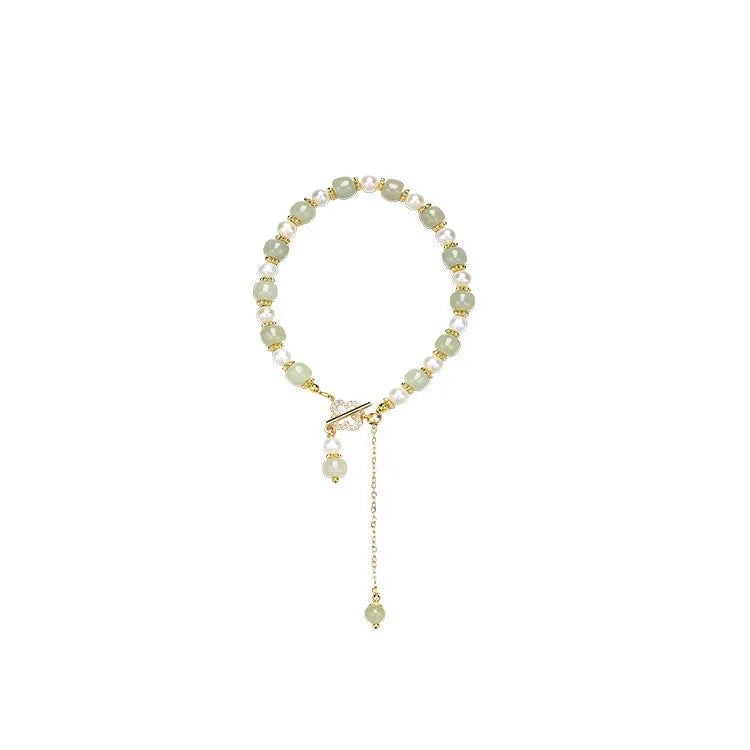 Natural Hetian Jade women's bracelet with pearl pendant and gold electroplated Chinese style design