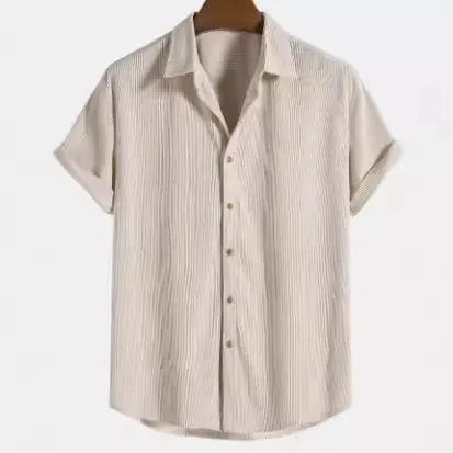 Man wearing a casual short-sleeve polyester shirt in a cardigan style, available in various colours and sizes.