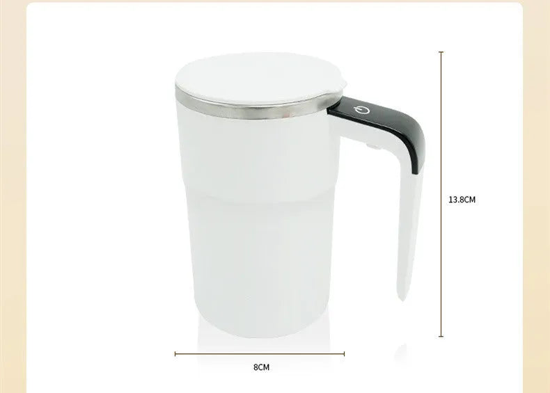 White electric coffee mug with LCD display showing temperature and magnetic stirring base