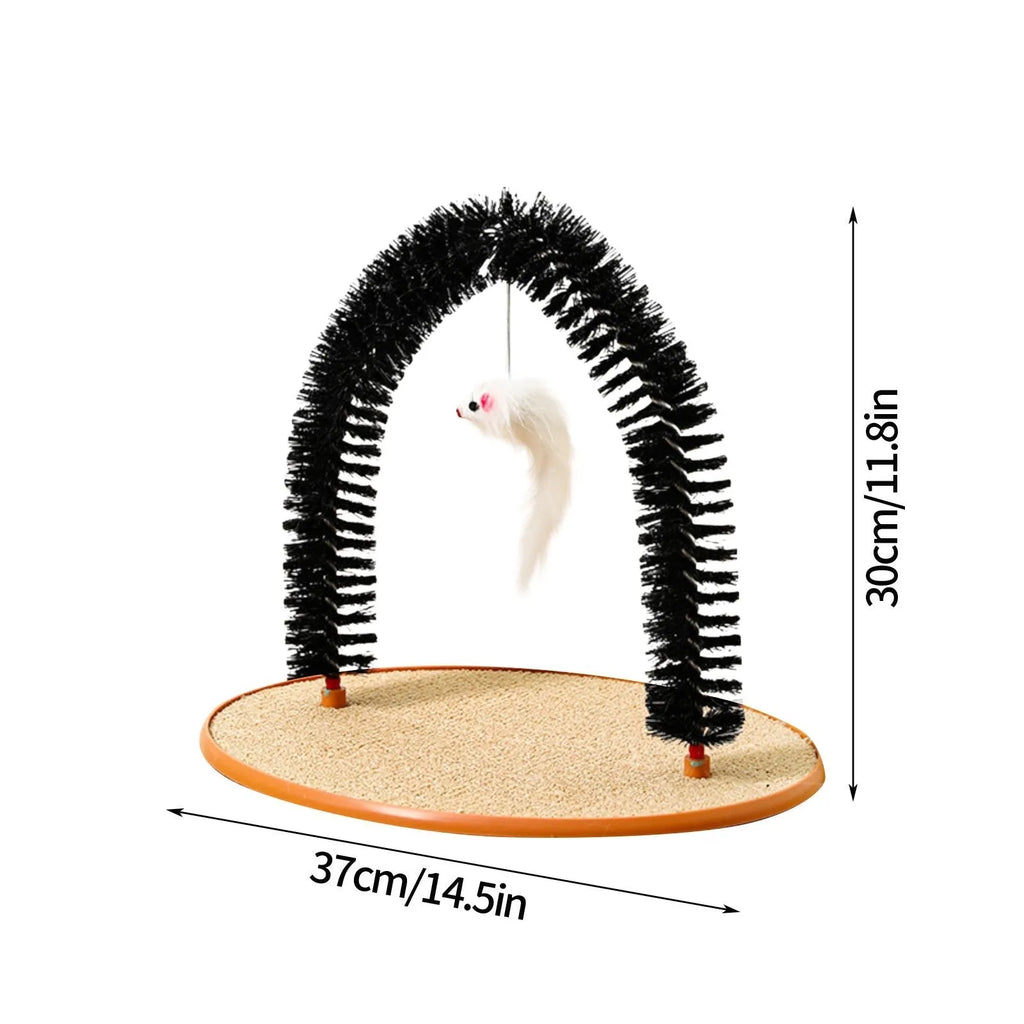 Black arch-shaped cat scratching post with grooming brush surface and attached plush mouse toy