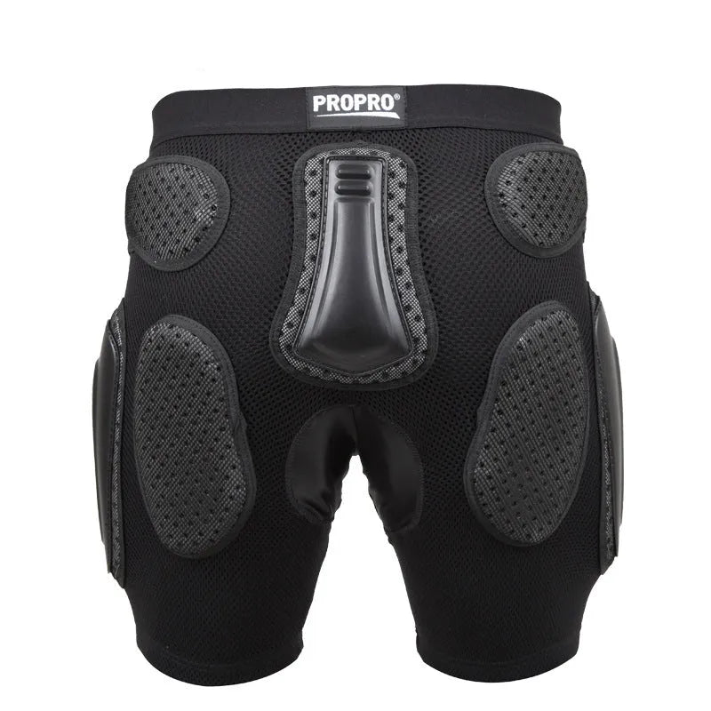Black cycling hip protection pants with integrated pad, shown laid flat.