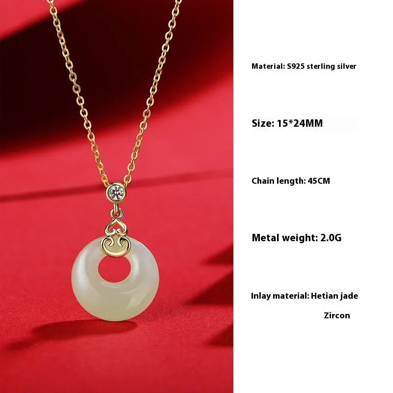 Sterling silver Chinese-style jewellery set with Hetian jade pendant, necklace, and earrings