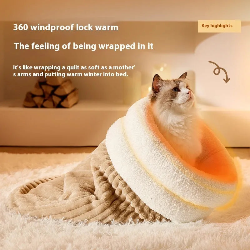 Brown semi-enclosed pet sleeping bag with plush lining on a wooden floor.