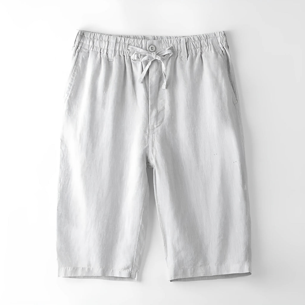 Men's loose-fit linen beach capris in straight-leg design showing available colour options